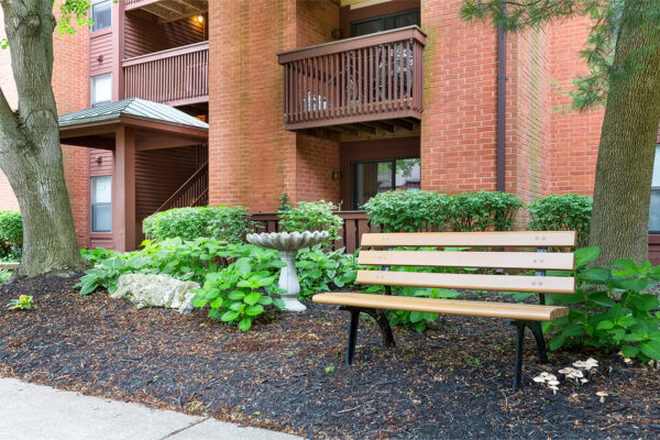 A bench and mushrooms at Chesterfield Village Apartments