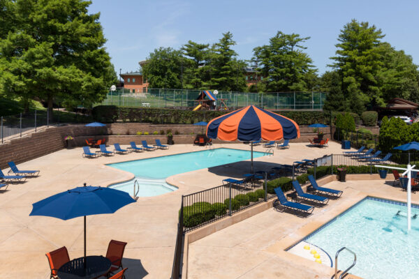 An aerial view of the kiddie pool and main pool from the Chesterfield Village Apartments clubhouse