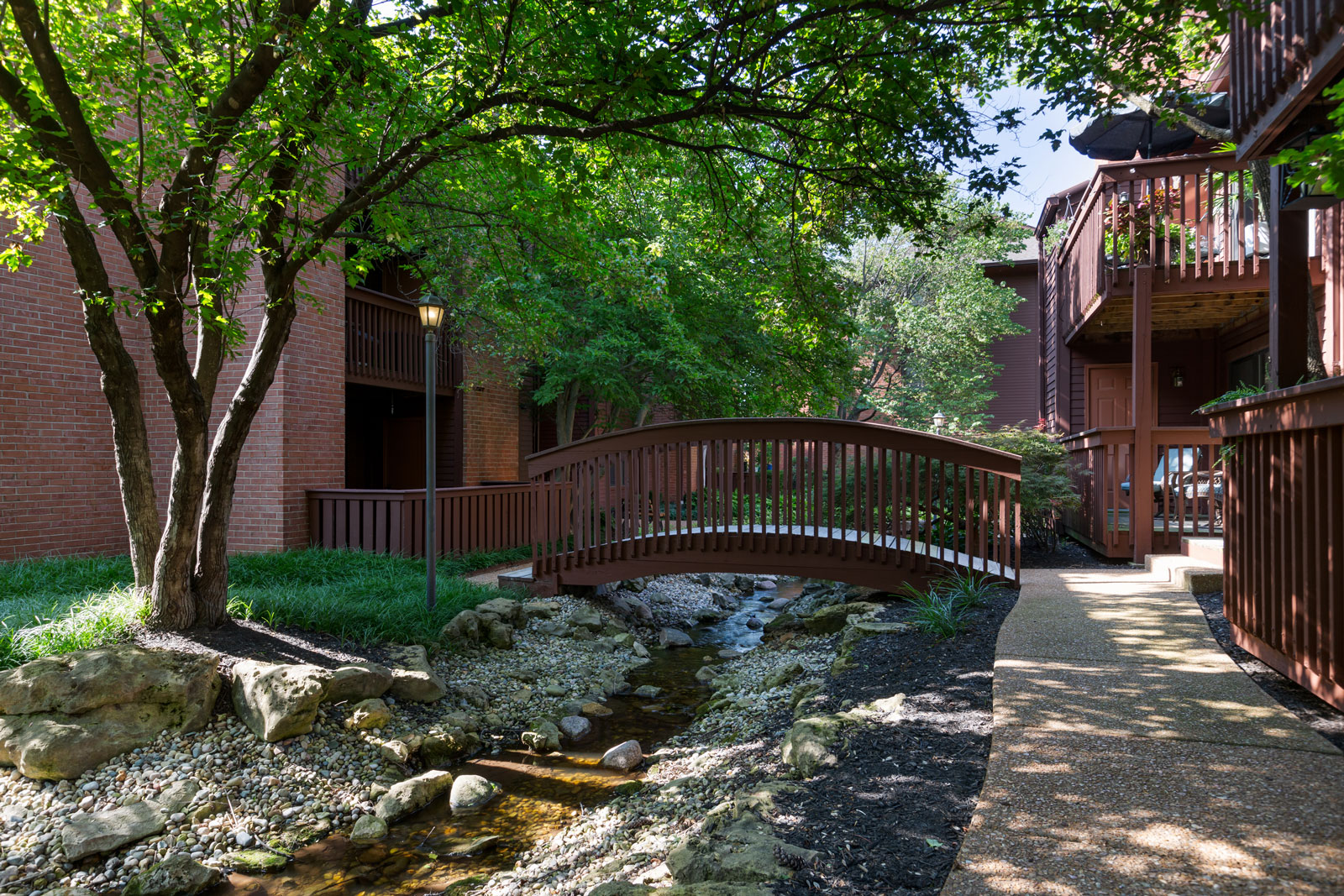 A bridge and nature at Chesterfield Village Apartments