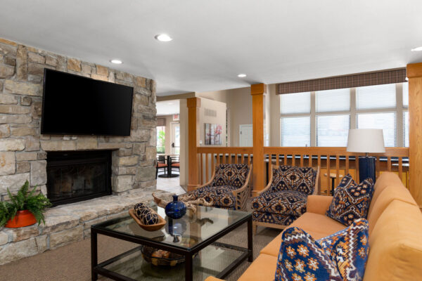 The fireplace hangout in the clubhouse at Chesterfield Village Apartments
